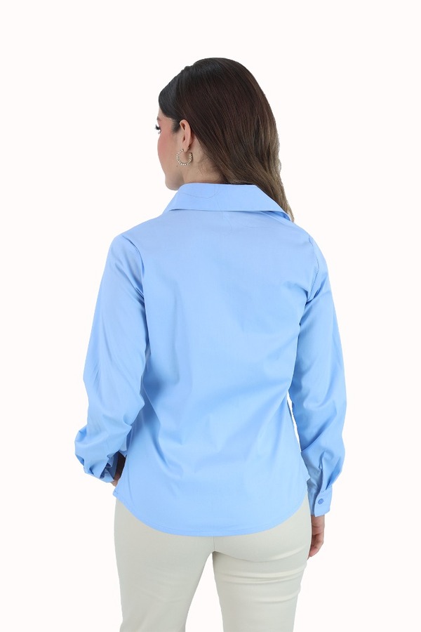 Blusas Camiseras Manga Larga Color Azul Cielo Stretch Para Dama